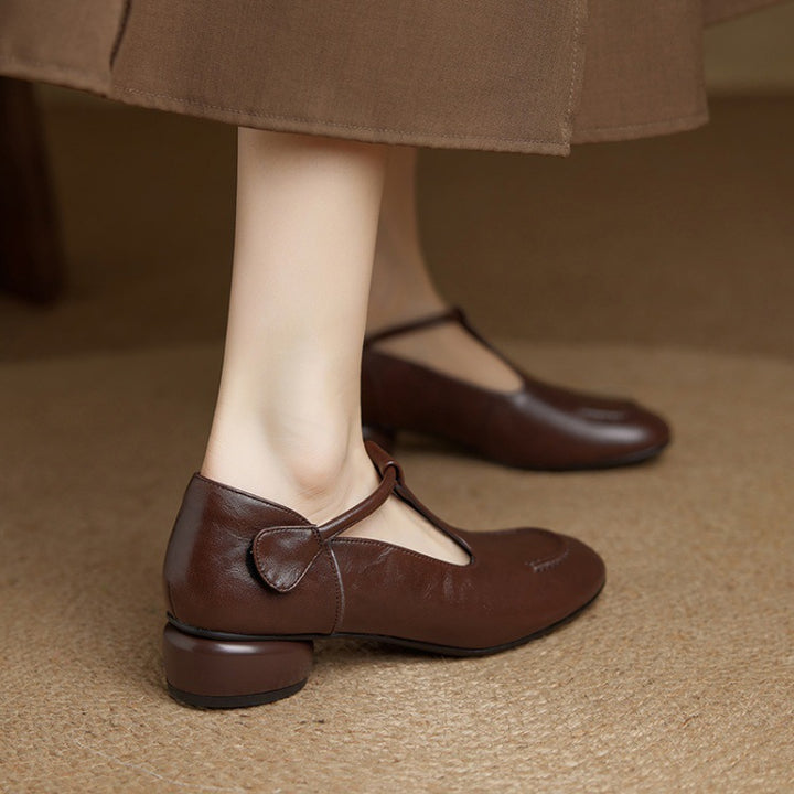 Women's Leather T-Strap Shoes with Block Heel Square Toe — Velcro Fastening, Casual Style