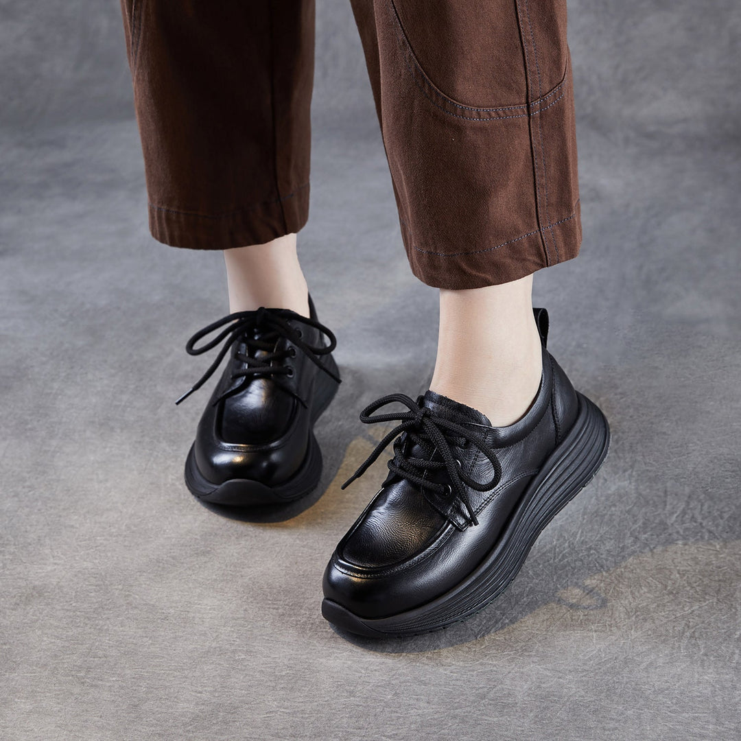 Women’s Leather Lace-Up Platform Wedge Shoes – Retro Non-Slip Casual Style