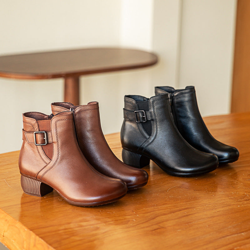 Women’s Leather Retro Ankle Boots – Mid Block Heel Buckle Detail Shoes