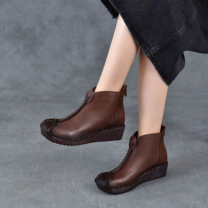 Women's Leather Ankle Boots - Vintage Wedge Low Heel Booties, Zipper Round Toe Stitching Fall Winter Shoes