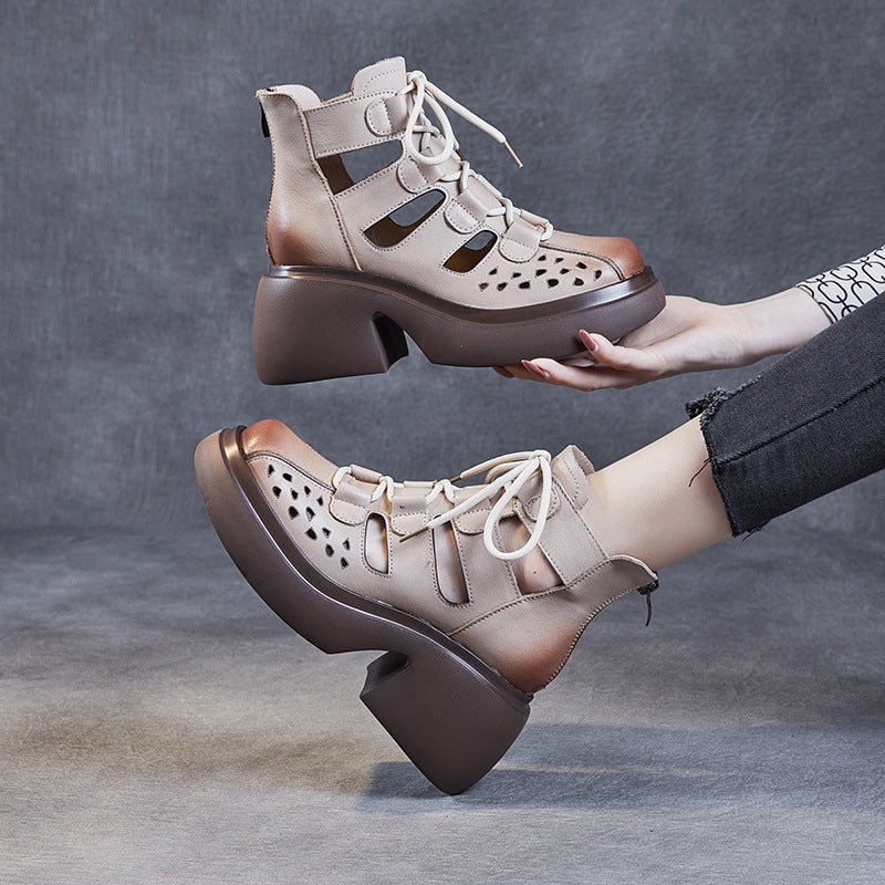 Breathable Leather Cut-out Sandals for Women - High Platform Gladiator Boots with Lace-up & Zipper