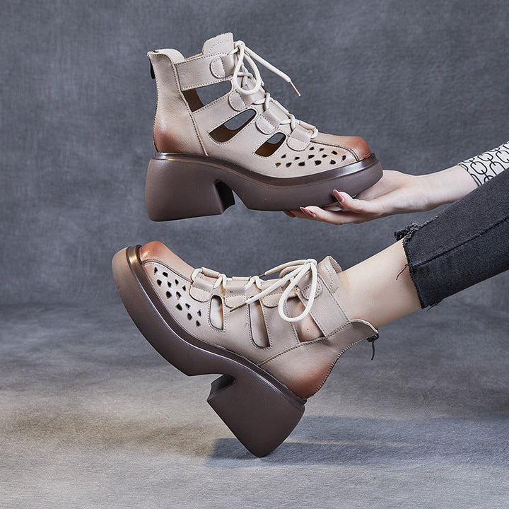 Breathable Leather Cut-out Sandals for Women - High Platform Gladiator Boots with Lace-up & Zipper