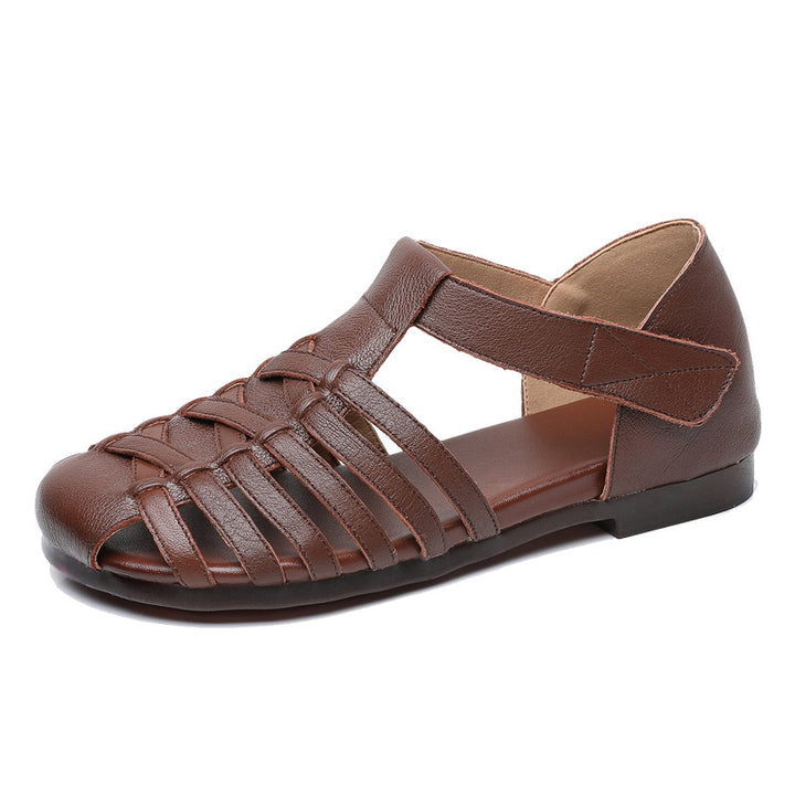 Women's Leather Fisherman Sandals Velcro Woven Summer Hollow-Out Casual Walking Flats