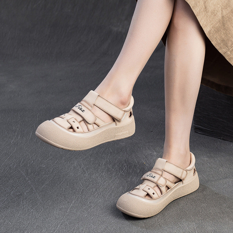 Women's Retro Woven Fisherman Sandals Vintage Leather Velcro Platform Shoes