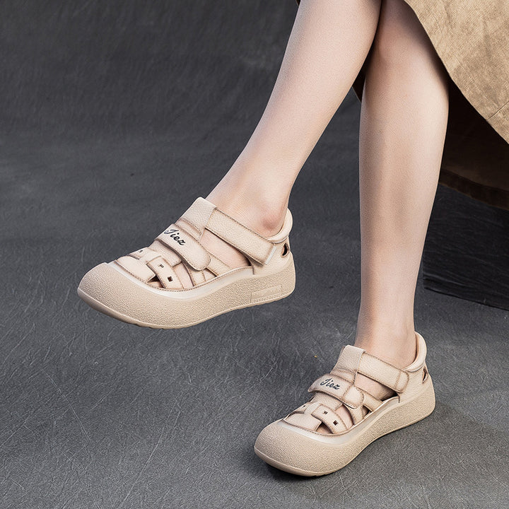 Women's Retro Woven Fisherman Sandals Vintage Leather Velcro Platform Shoes