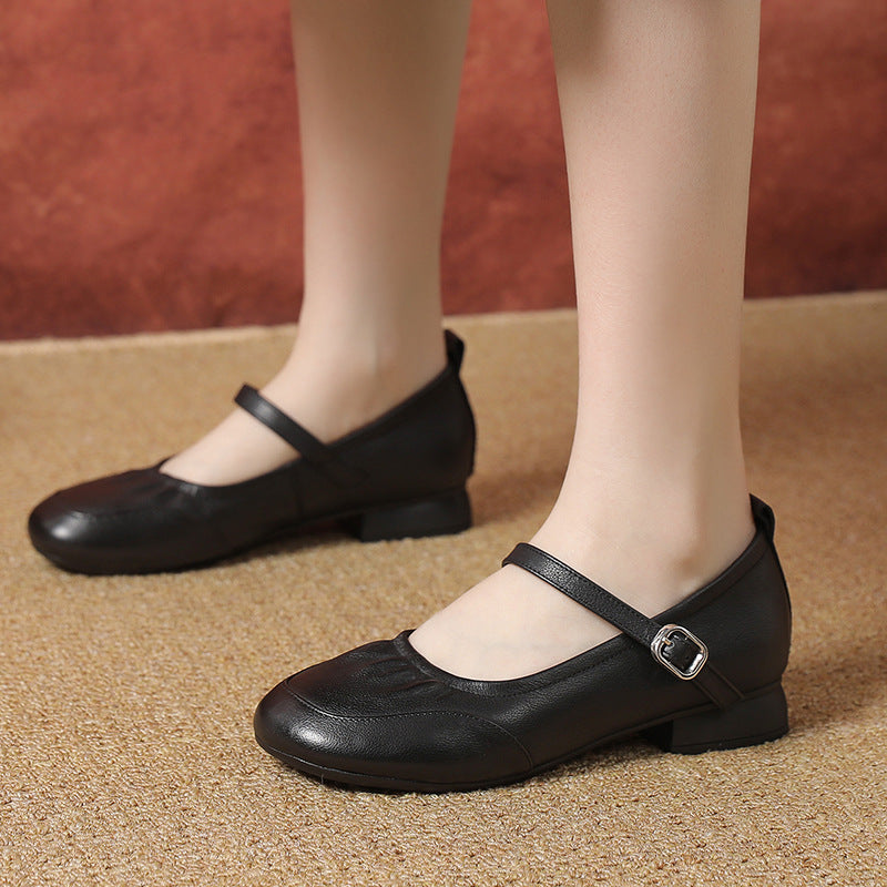 Women's Soft Cowhide Leather Mary Jane Flats Round Toe Buckle Strap Low Heel Shoes