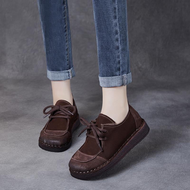 Women's Handcrafted Patchwork Leather Flat Lace-up Casual Comfort Shoes