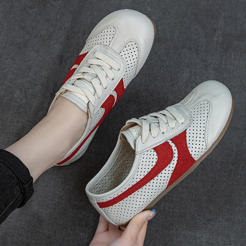 Women's Leather Perforated Sneakers Lace Up Breathable Flat Walking Shoes