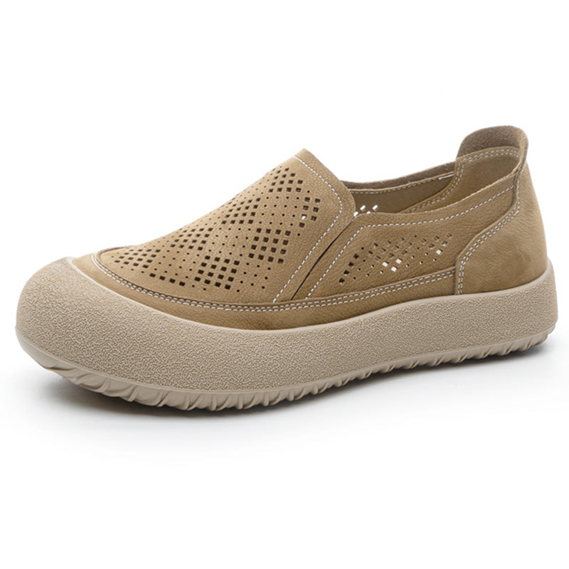 Womens Summer Perforated Leather Slip-on Loafers Breathable Platform Casual Walking Shoes