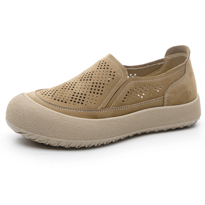 Womens Summer Perforated Leather Slip-on Loafers Breathable Platform Casual Walking Shoes