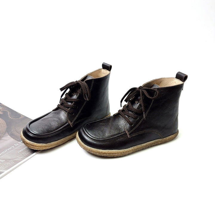 Women's Vintage Leather Ankle Booties Soft Sole Round Toe Lace-Up Walking Shoes