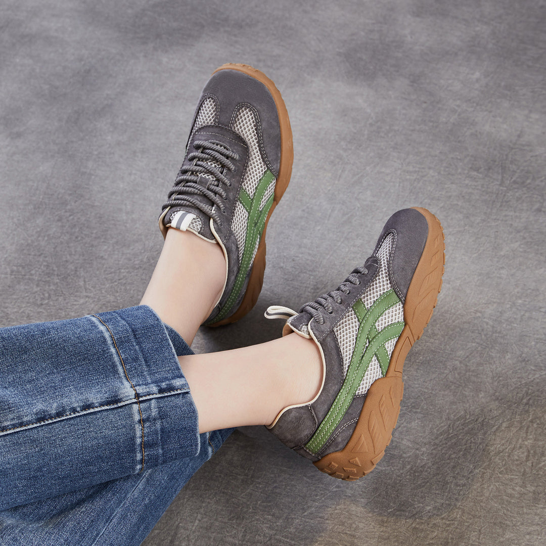 Womens Retro Mesh Running Sneakers Vintage Leather Lace-up Chunky Trainers