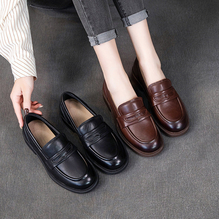 Comfortable Leather Penny Loafers for Women - Classic Round Toe Slip-On Shoes
