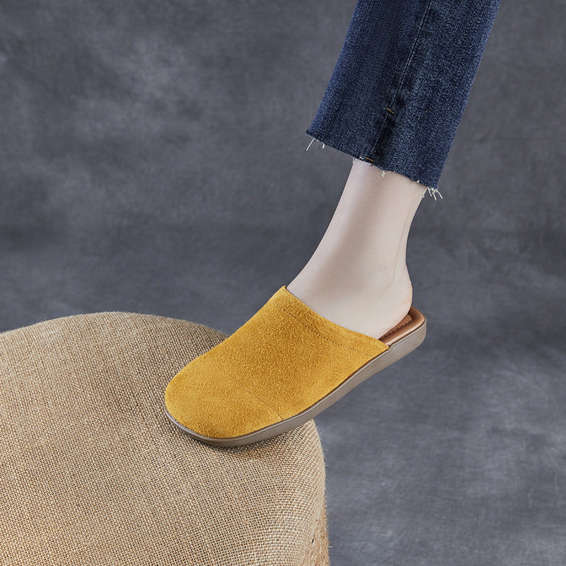Women's Minimalist Nubuck Mules - Round-Toe Flat with Slip-On Ease