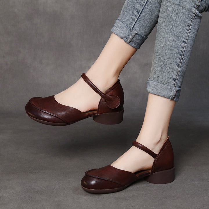 Women’s Genuine Leather Closed Toe Sandals – Retro Low Block Heel Velcro Shoes