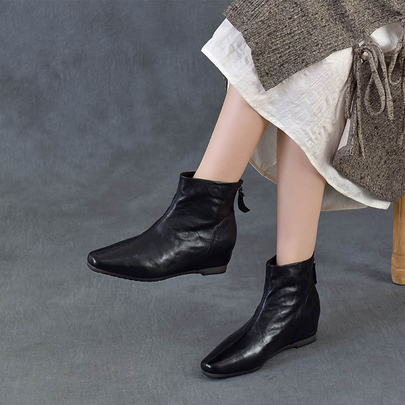 Women's Pointed Toe Top-Grain Leather Wedge Ankle Boots Mid Heel Back Zipper Booties