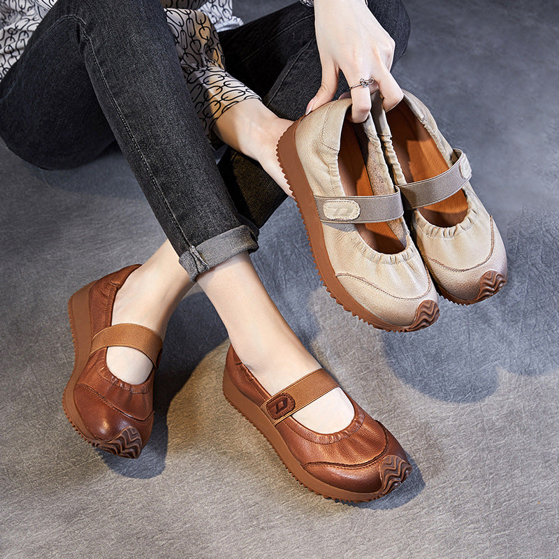 Women's Elastic Comfort Loafers - Genuine Leather Flat with Soft Sole