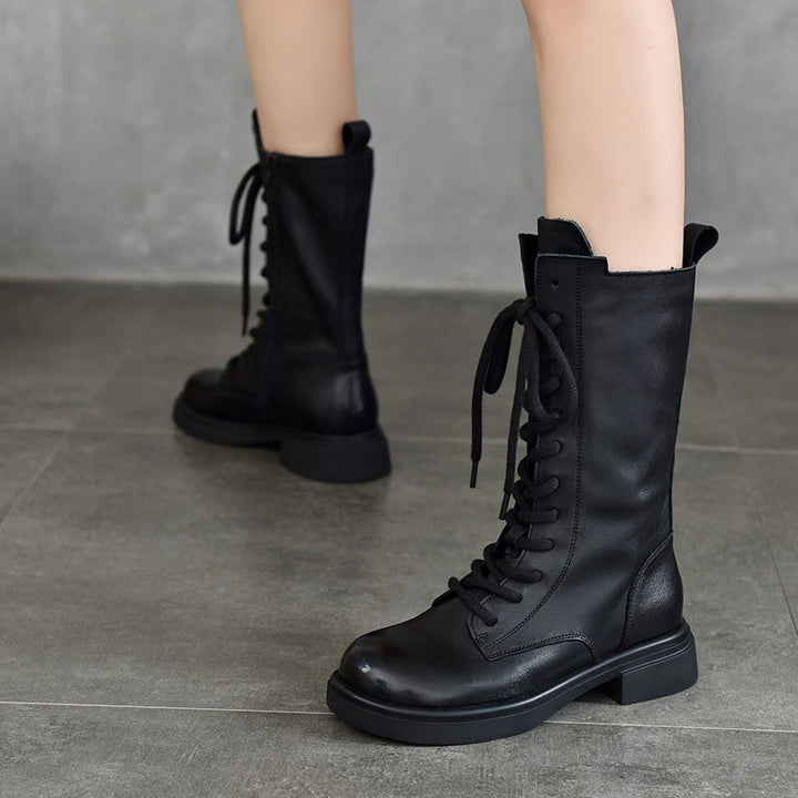 Women's Mid Calf Combat Boots Top-Grain Leather Lace Up Side Zipper Platform Booties