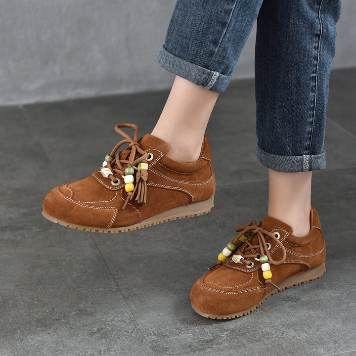 Women’s Spring Retro Beaded Leather Sneakers – Casual Lightweight Shoes