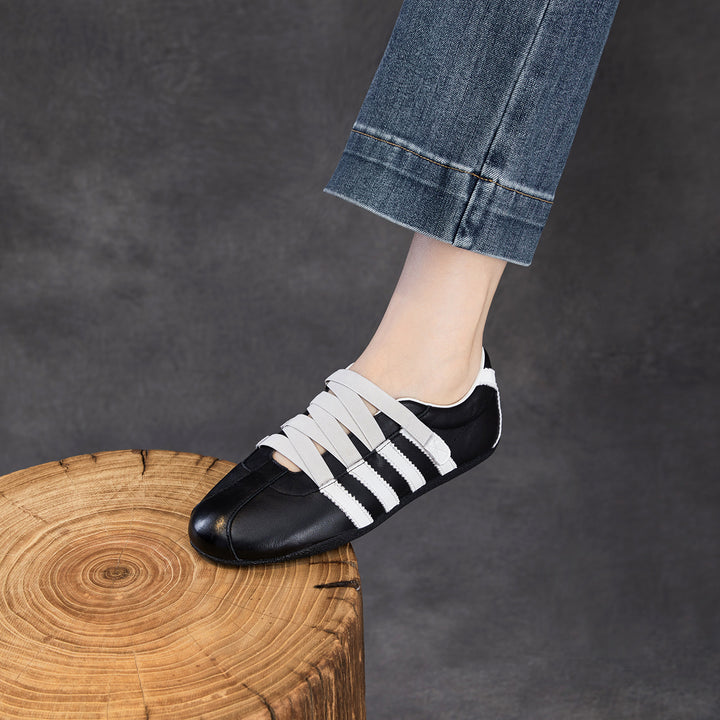 Women's Retro Cowhide Sneakers Vintage Round Toe Strappy Velcro Driving Flats