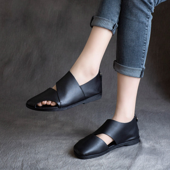 Women's  Leather Summer Cut-Out Sandals - Unlined Breathable Back Zipper Closure