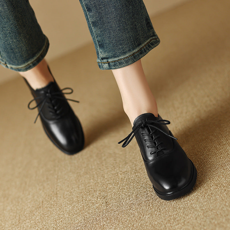 Women's Genuine Leather Oxford Shoes - Block Mid-Heel Lace-Up Design