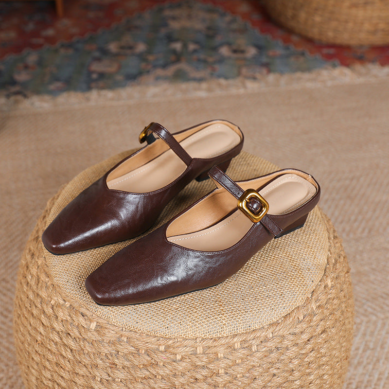 Women's Mary Jane Mules - Square Toe Gold Buckle Low Kitten Heel Slides