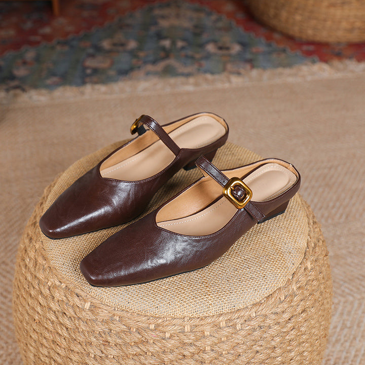 Women's Mary Jane Mules - Square Toe Gold Buckle Low Kitten Heel Slides