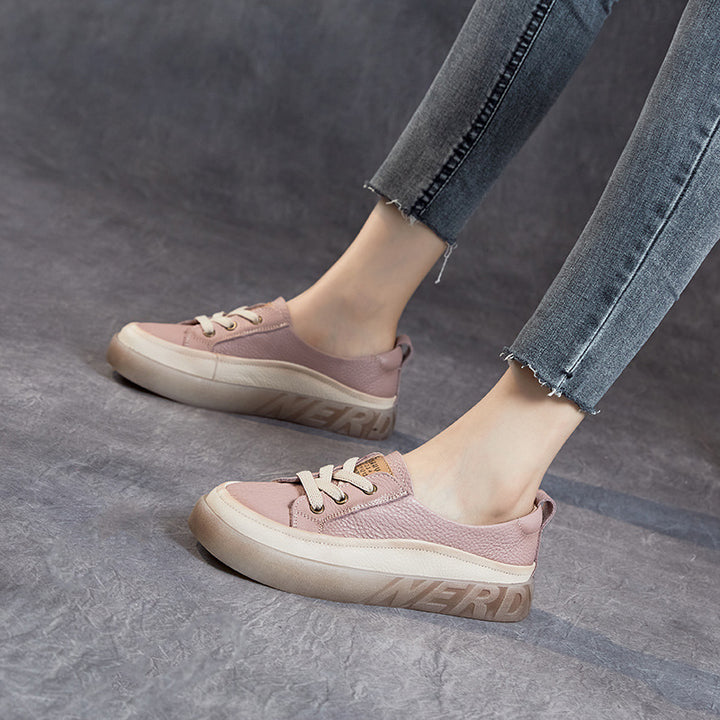 Women's Leather Casual Sneakers - Slip-On Round Toe Loafers Elastic Lace Walking Shoes