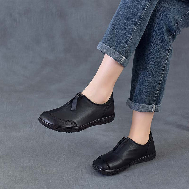 Women's Vintage Leather Slip-On Flats Front Zipper Soft Sole Driving Shoes
