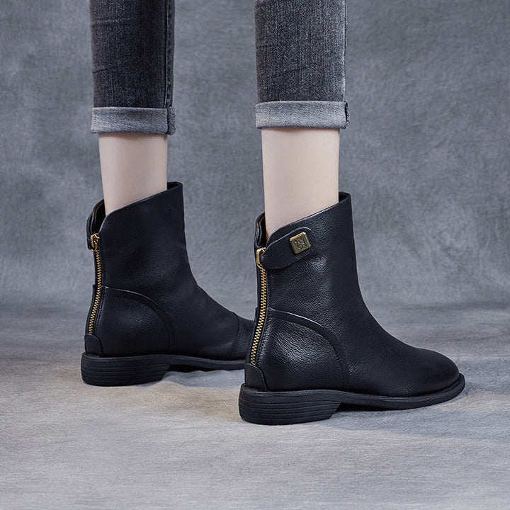 Women's Genuine Leather Short Boots – Minimalist Design with Zipper Closure