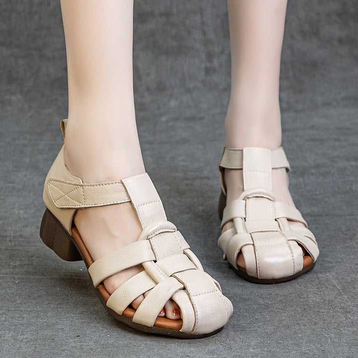 Women's Genuine Leather Woven Sandals - Vintage Block Heel & Closed-Toe Design