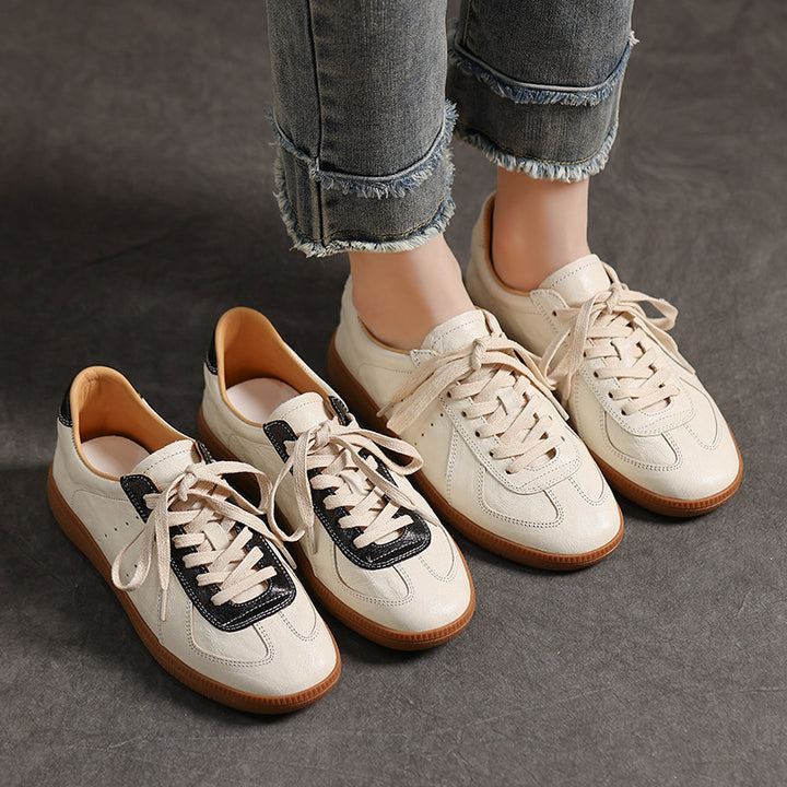Women's Genuine Leather German Army Trainer Sneakers Retro Low Top Flat Shoes