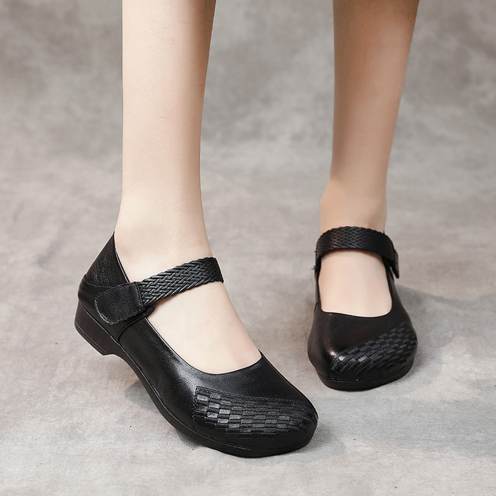 Women's Leather Mary Janes - Vintage Embossed Woven Toe Wedge Flats Comfort Walking Shoes