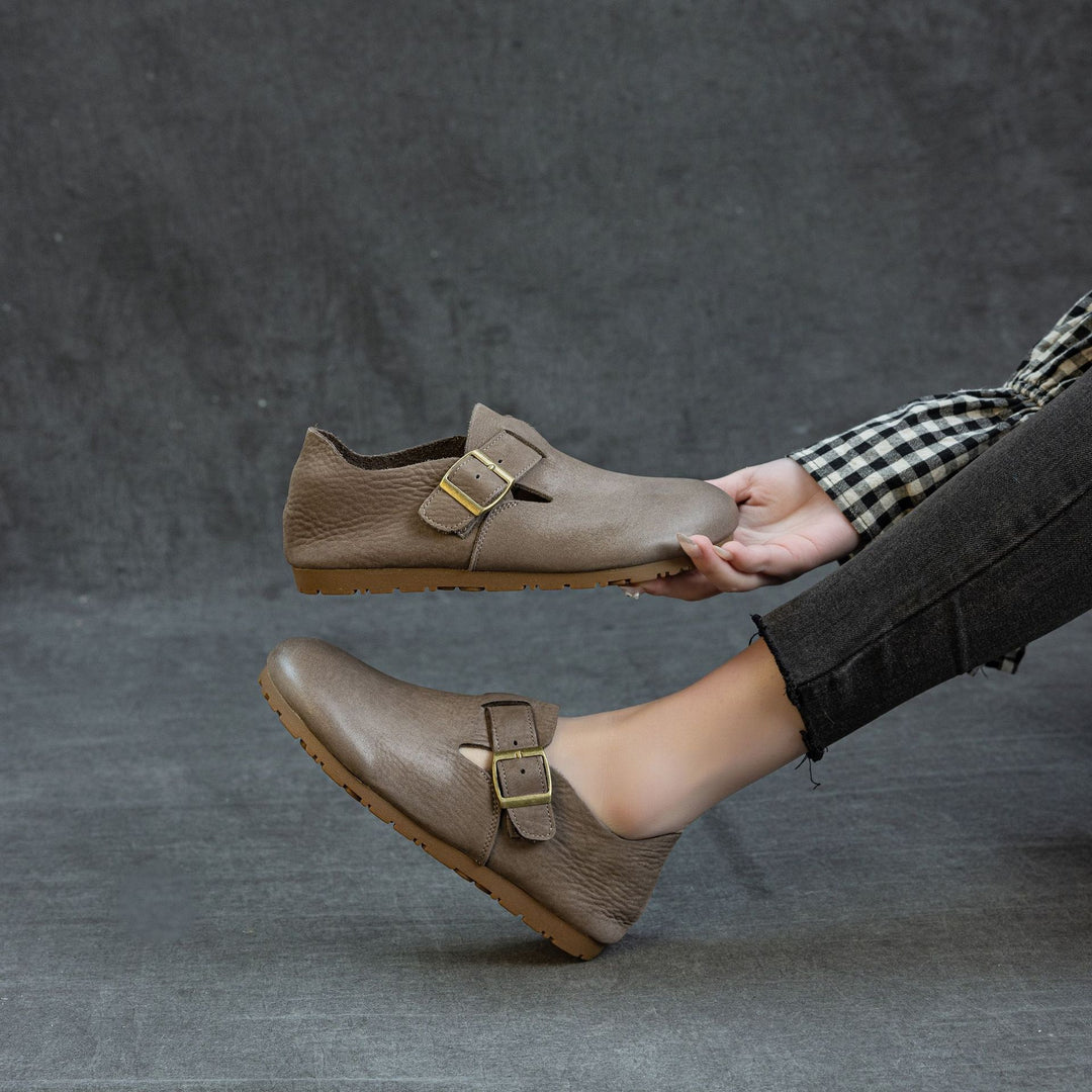 Women's Soft Leather Birkenstock Clogs - Round Toe Adjustable Buckle Strap Slip-On Flat Loafers