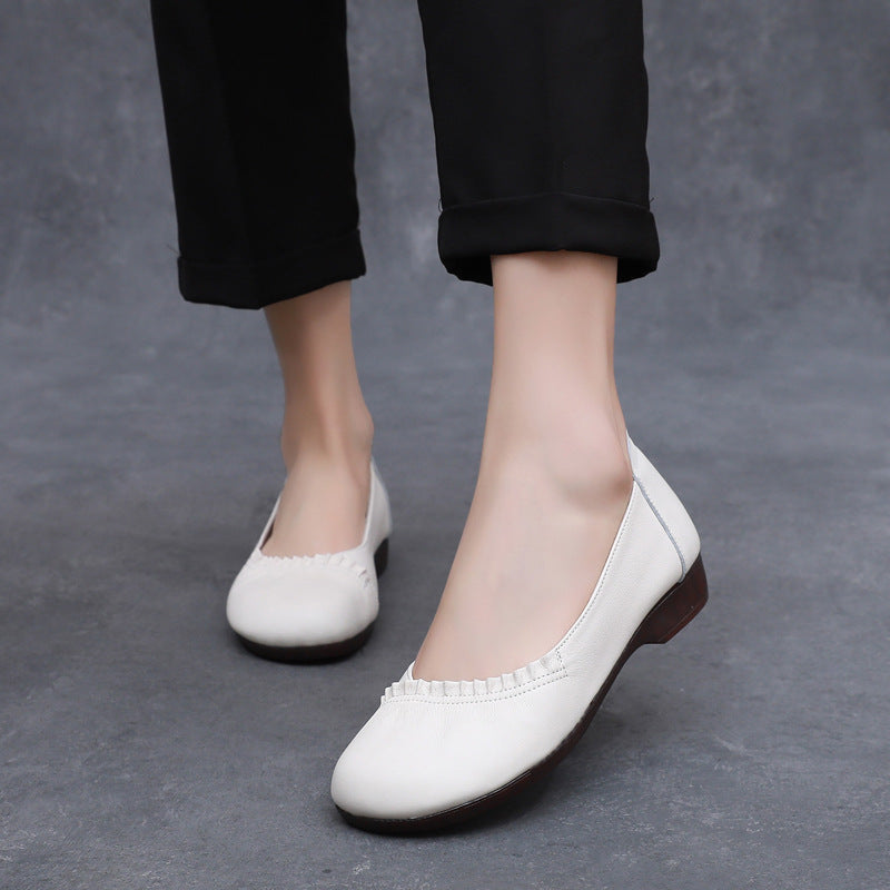 Women's Leather Ballet Flats - Vintage Ruched Slip-on Round Toe Comfort Low Heel Pumps