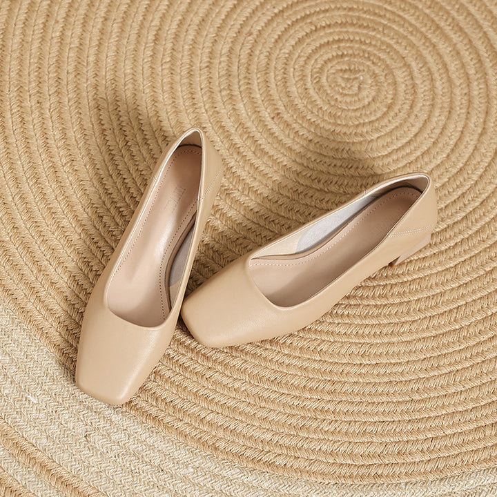 Women's Soft Leather Pumps - Square Toe Low Block Heel Dress Shoes Casual Slip-On Loafers