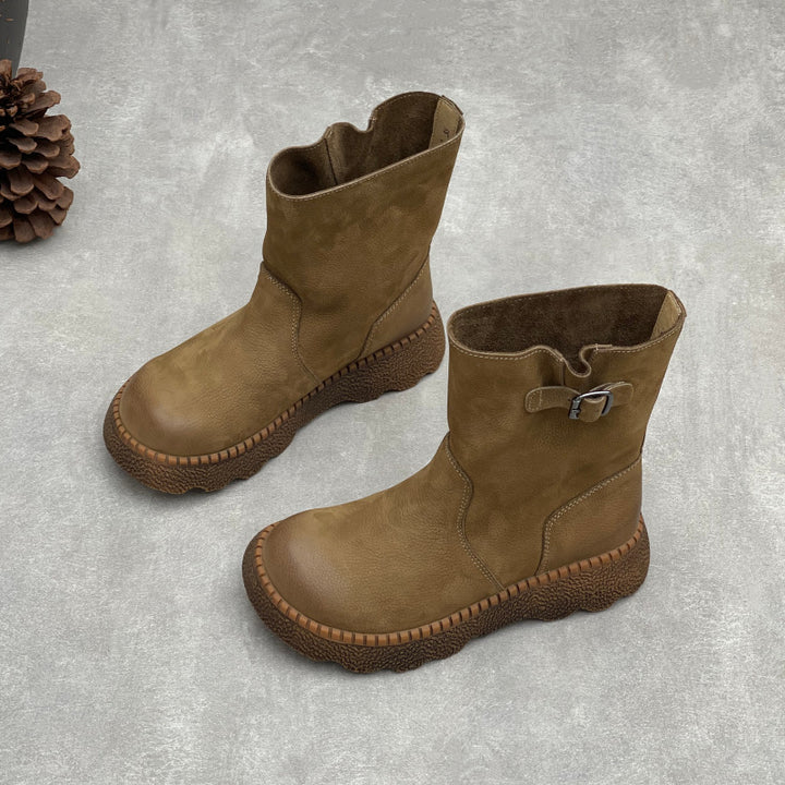 Women's Vintage Leather Mid-Calf Slip On Platform Booties Round Toe Chunky Sole Walking Shoes
