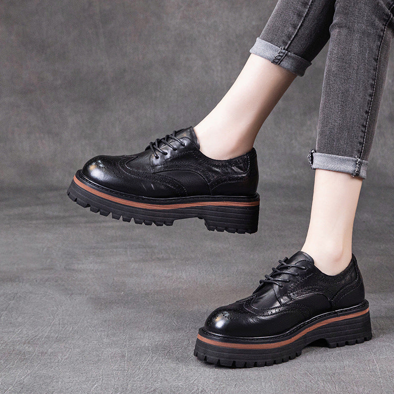 Women's British Style Brogue Oxfords - Genuine Leather with Chunky Sole