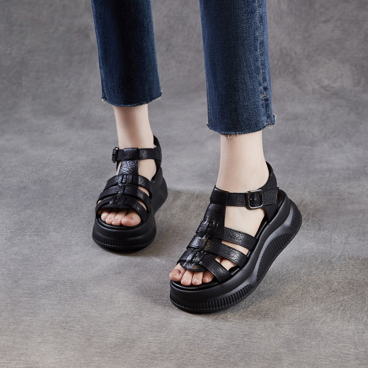 Women's Retro Leather Roman Sandals Vintage Round Toe Platform Chunky Platform Heels