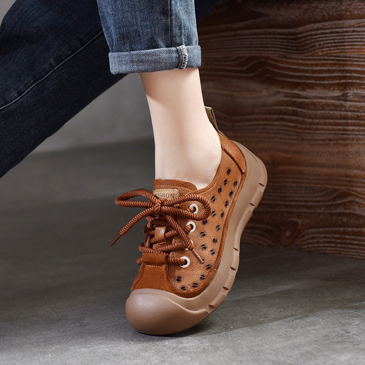 Women's Perforated Cowhide Sneakers - Unlined Summer Leisure Shoes - Thick Sole