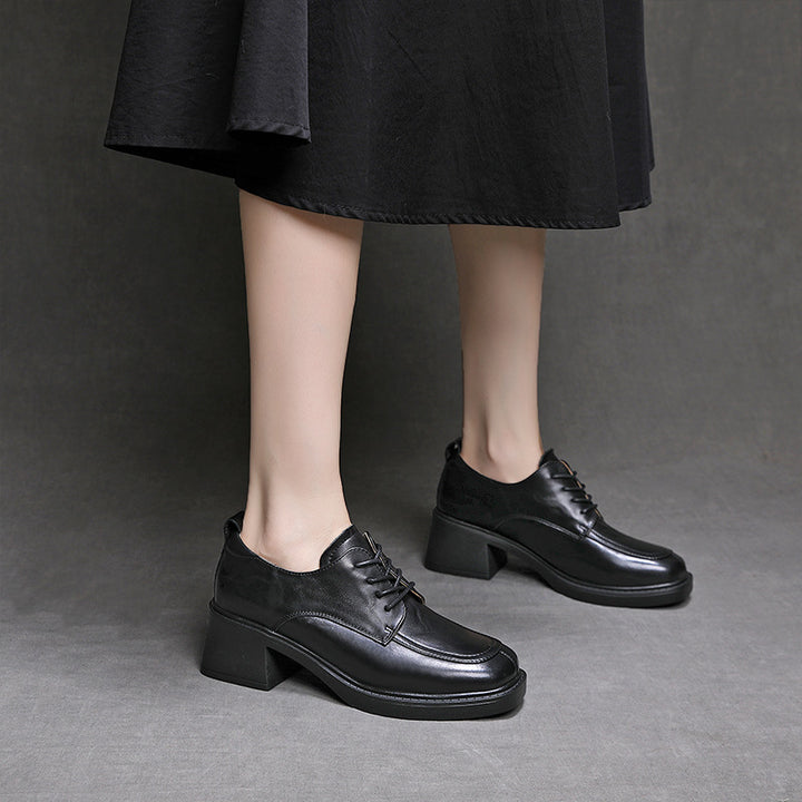 Women's Genuine Leather Oxford Shoes Chunky Mid Heel Lace Up Derby Pumps