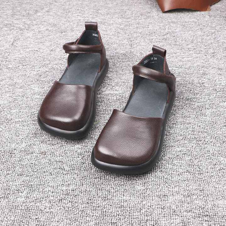 Women’s Leather Velcro Casual Shoes – Retro Closed Toe Flat Shoes