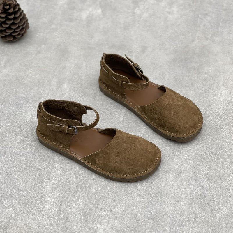 Women's Soft Leather Mary Janes - Round Toe Adjustable Ankle Buckle Strap Flat Sandals Casual Walking Shoes