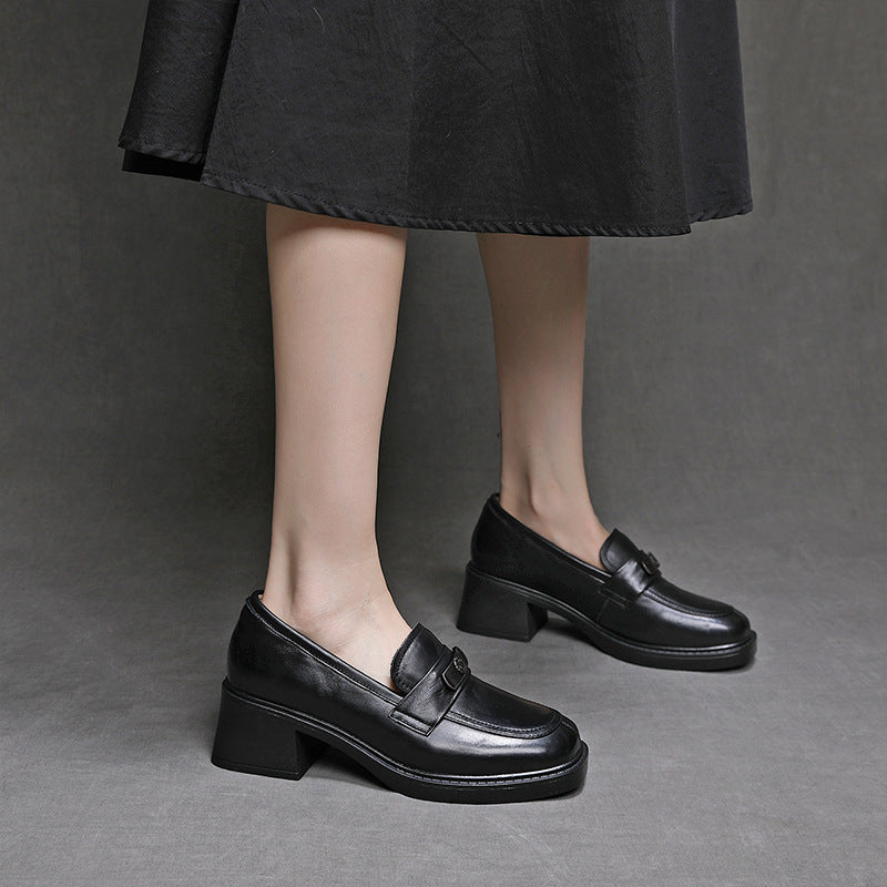Women's Genuine Leather Heeled Loafers Chunky Block Heel Slip On Pumps