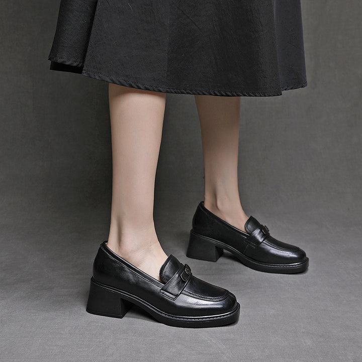Women's Genuine Leather Heeled Loafers Chunky Block Heel Slip On Pumps