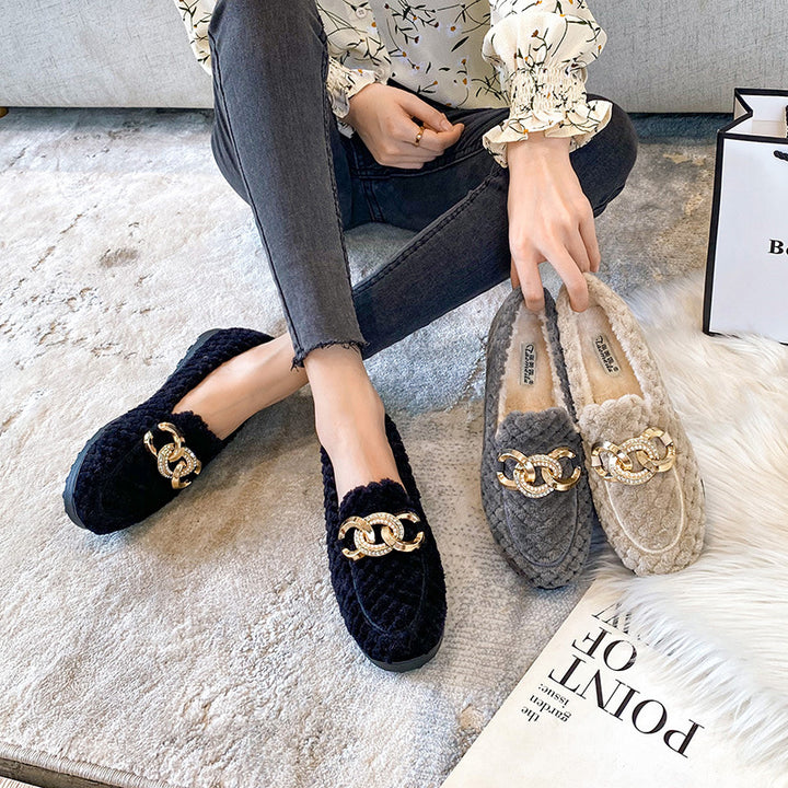 Women Metal Chain Winter Warm & Comfortable Plush Fur Loafers Shoes