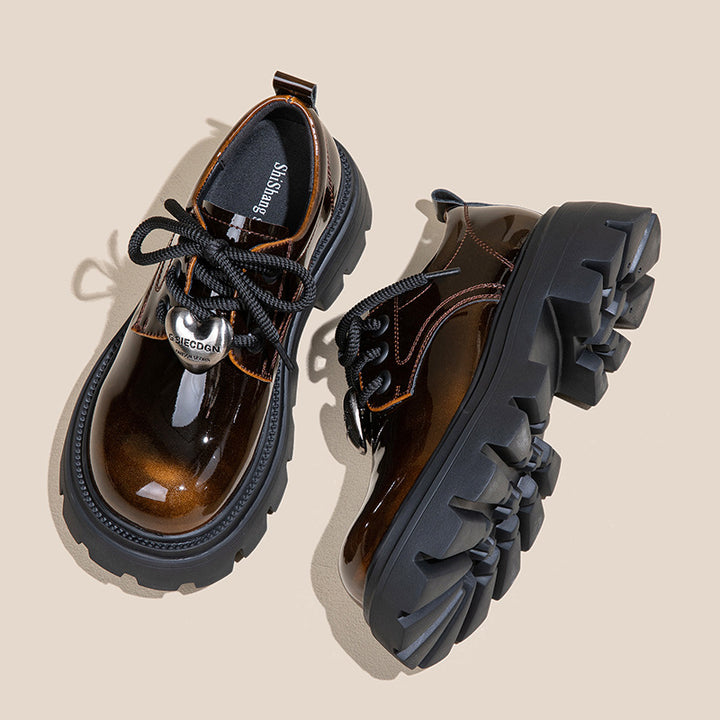 Women's Leather Oxford Shoes - Platform Chunky High Heel Derby  Shoes Lace-up Round Toe Spring Fall Brogues