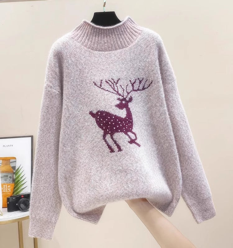 Womens Christmas Cute Dear Half Turtleneck Sweater