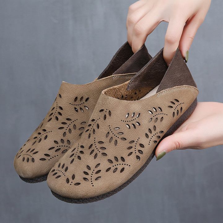 Women's Leather Loafers - Cut-Out Leaf Perforated Flat Sandals Casual Slip-On Summer Shoes